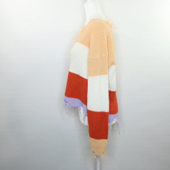 Derek Heart Color Block Striped Sweater Raw Edges - Picture 3 of 9